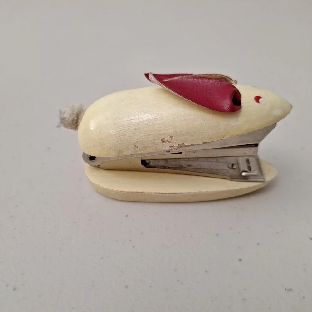 Vintage WOODEN MOUSE STAPLER 1950's Mid-Century Modern Leather Ears Painted